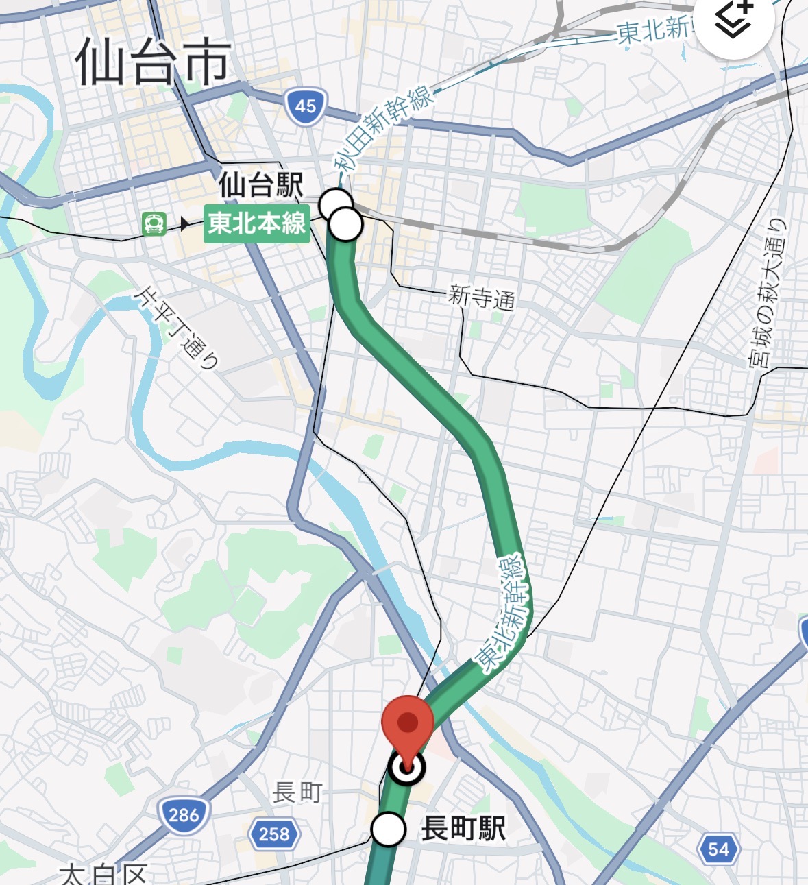 仙台駅から長町駅までのルート
