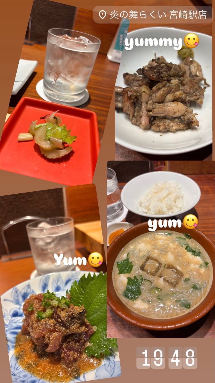 「炎の舞らくい」のせせり炭火焼き・かつおたたき・冷や汁